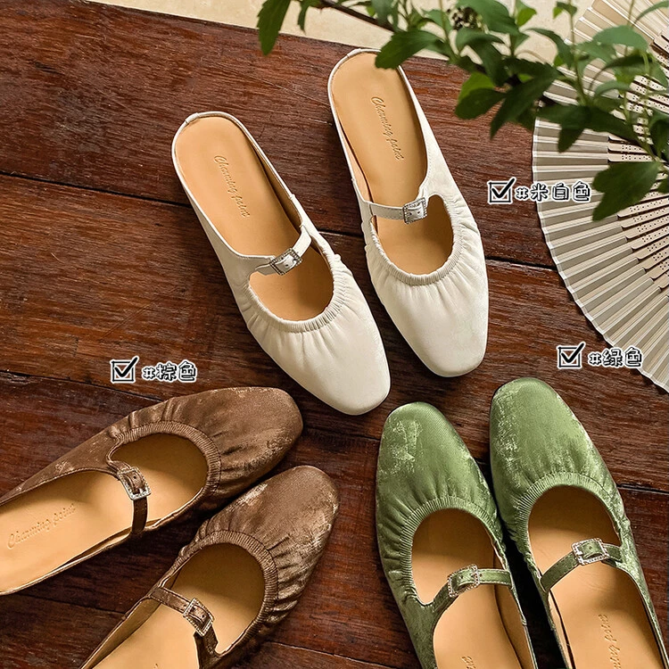 F2136-2/2.5cm牛皮粗跟包头拖低跟春季百搭纯色打蜡镂空平底