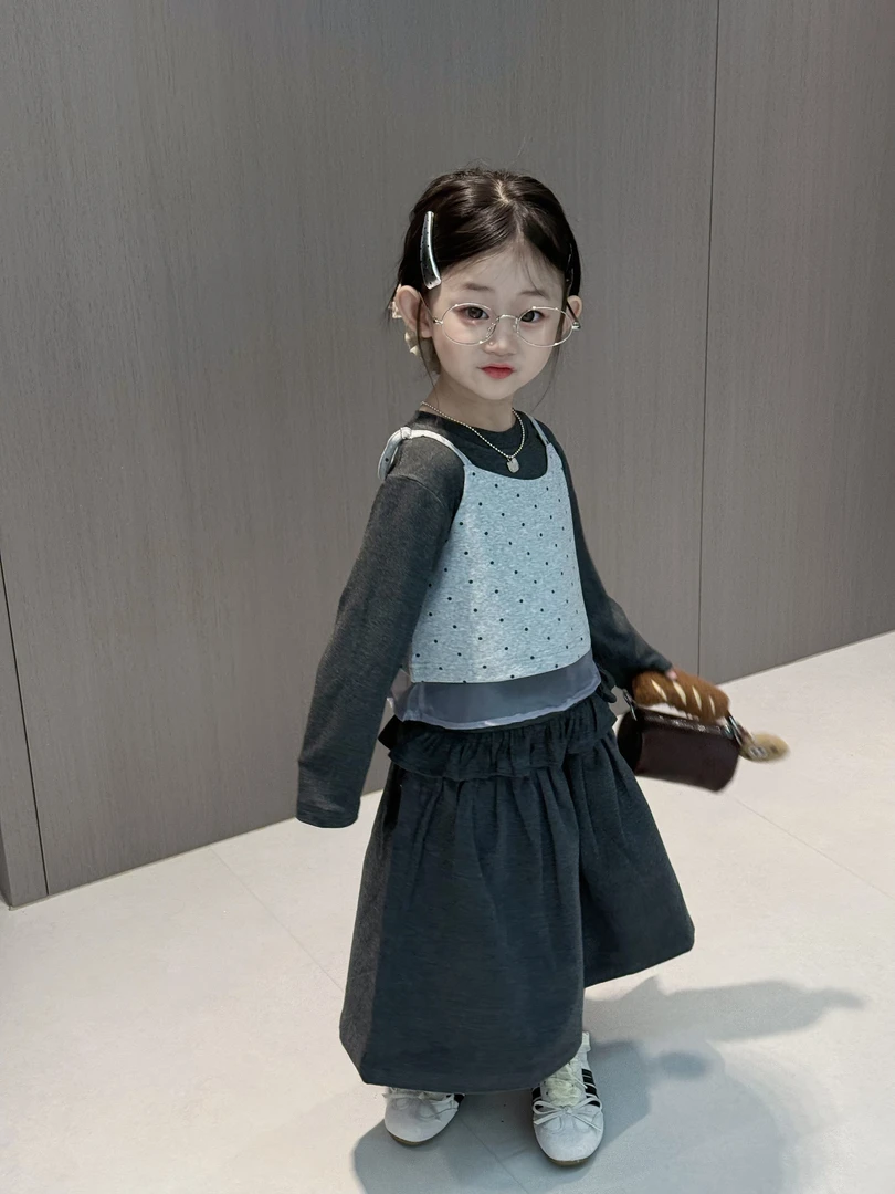 女童套装2025秋季新款洋气儿童波点吊带叠穿马甲洋气小女孩阔腿裤