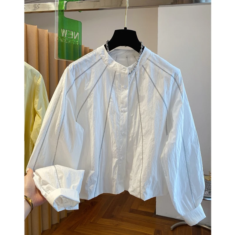 早秋白色圆领衬衫女长袖2025新款宽松休闲短款百搭超好看棉质上衣