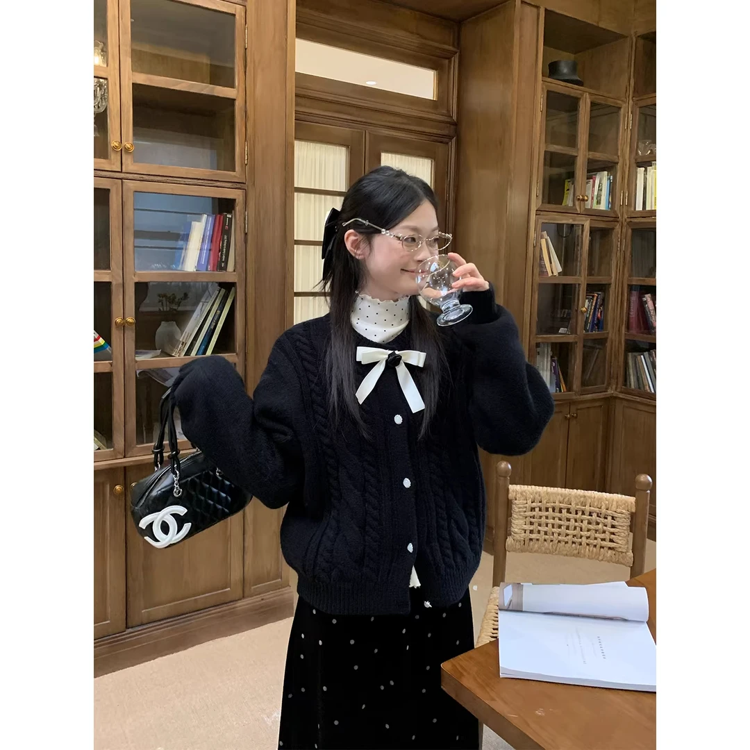 韩系圆领麻花针织开衫外套女2025秋冬季新款高级感宽松百搭上衣潮