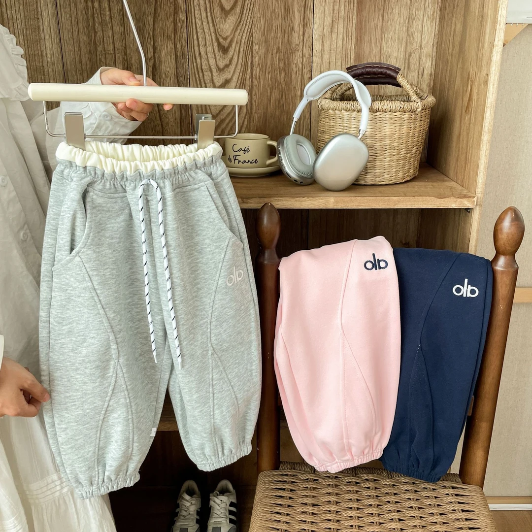 儿童裤子秋冬季男女童拼接腰刺绣字母卫裤宝宝韩版休闲运动裤束脚