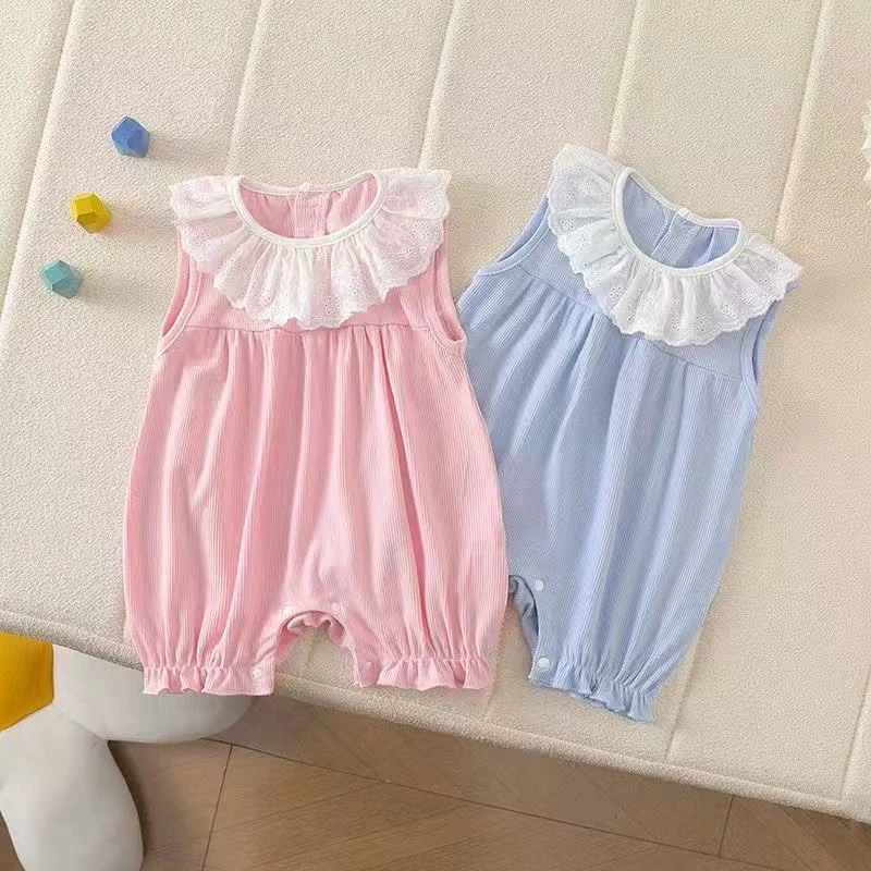 婴儿连体衣夏季蕾丝夏洋气公主爬服女宝宝夏装条纹哈衣小月龄潮