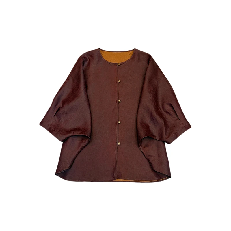 红云纱桑蚕丝宽松圆领百搭简约时尚外套开衫中国风短外套