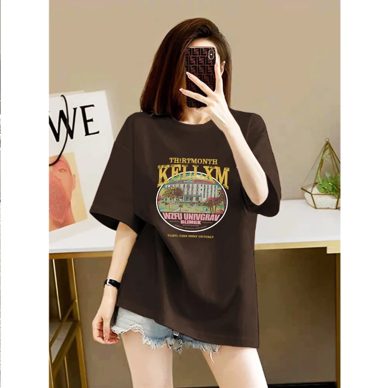 港风上衣中长款夏季女装2025新款显瘦休闲百搭减龄纯棉短袖t恤女