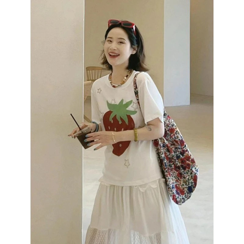 甜妹草莓设计感短袖T恤夏季新款时尚中长款宽松小众独特上衣女装