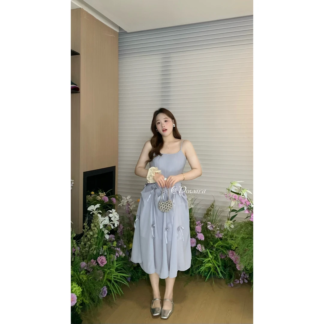 现货8108d大婉酱千千微胖定制一裙三穿蝴蝶结吊带连衣裙显瘦A字裙