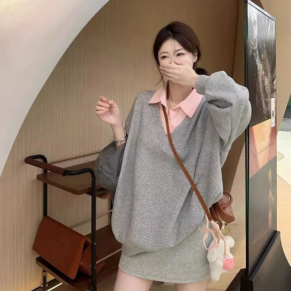 假两件拼接Polo领卫衣女春秋2025新款洋气大码中长款百搭休闲上衣