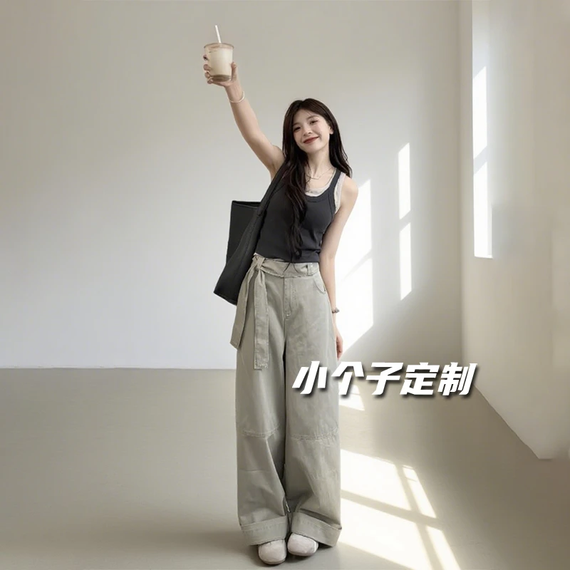 2025新款小个子复古水洗牛仔裤女夏季薄款宽松显瘦阔腿拖地长裤子