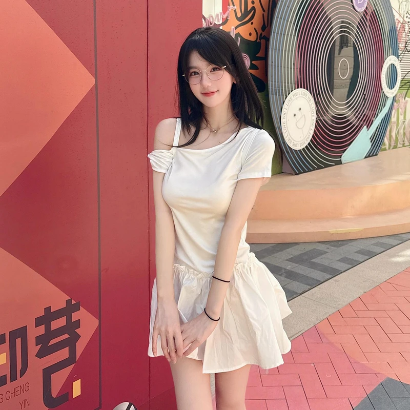 小个子巨好看白色斜肩连衣裙子女装2025夏季甜美可爱风格衣服短裙