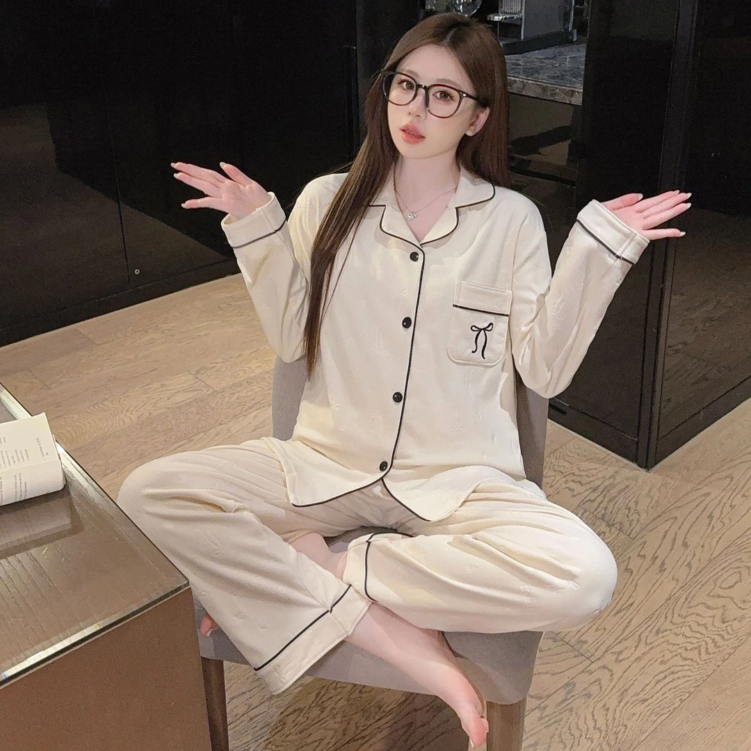 睡衣女士德绒保暖秋冬季新款甜美蝴蝶结时尚可外穿杏色显白家居服
