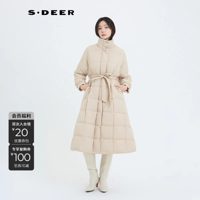 S·DEER圣迪奥女装时尚气质显瘦高领收腰显瘦长款羽绒服S244Z2405