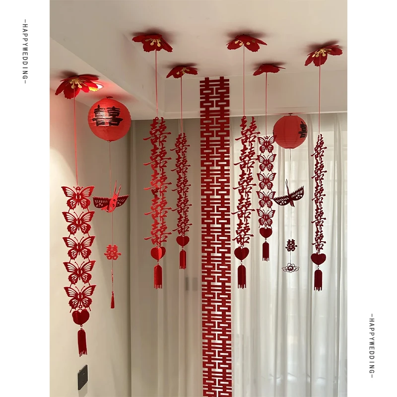 婚房布置客厅结婚装饰吊顶喜字拉花天花板婚礼新房卧室吊饰男女方