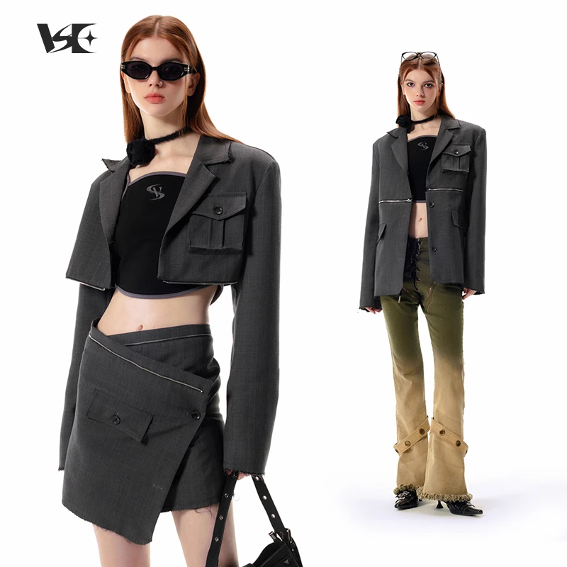 VSE 现货 三穿可变套装 甜酷设计感小众可拆卸黑灰色格纹西装外套