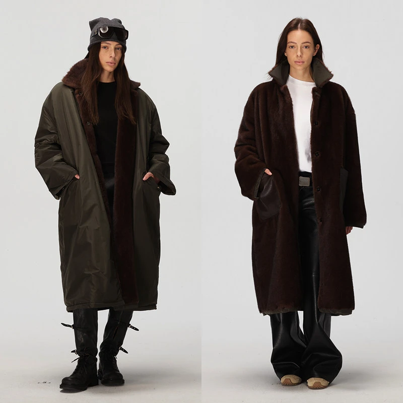 ECHOADE现代松弛风 Oversized版型 双面穿风衣式环保皮草长外套