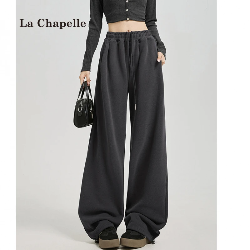 拉夏贝尔运动裤子女秋冬宽松直筒bf慵懒休闲加绒加厚阔腿美式卫裤