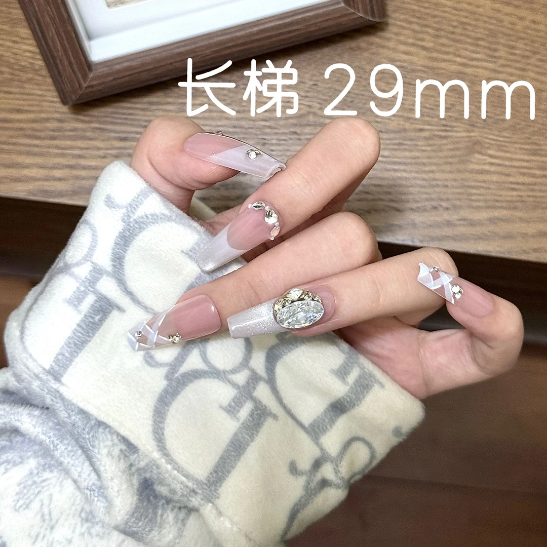【奶绒糖】小隽-XJ 法式格纹细闪-高定锆石-纯手工高端穿戴甲（预售）