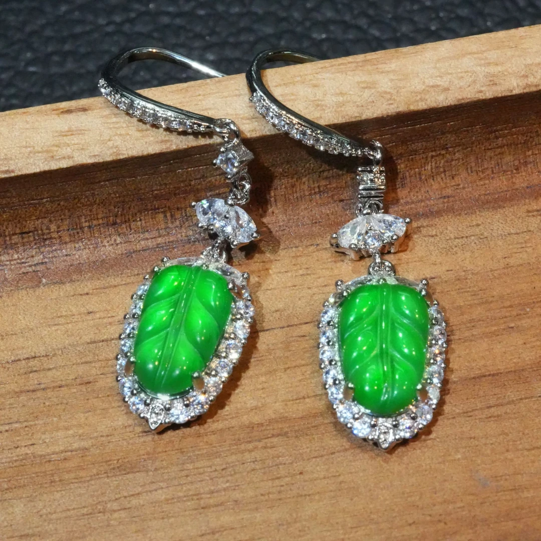 天然A货翡翠满绿叶子耳饰耳坠多样性发货其一不含链气质优雅精美