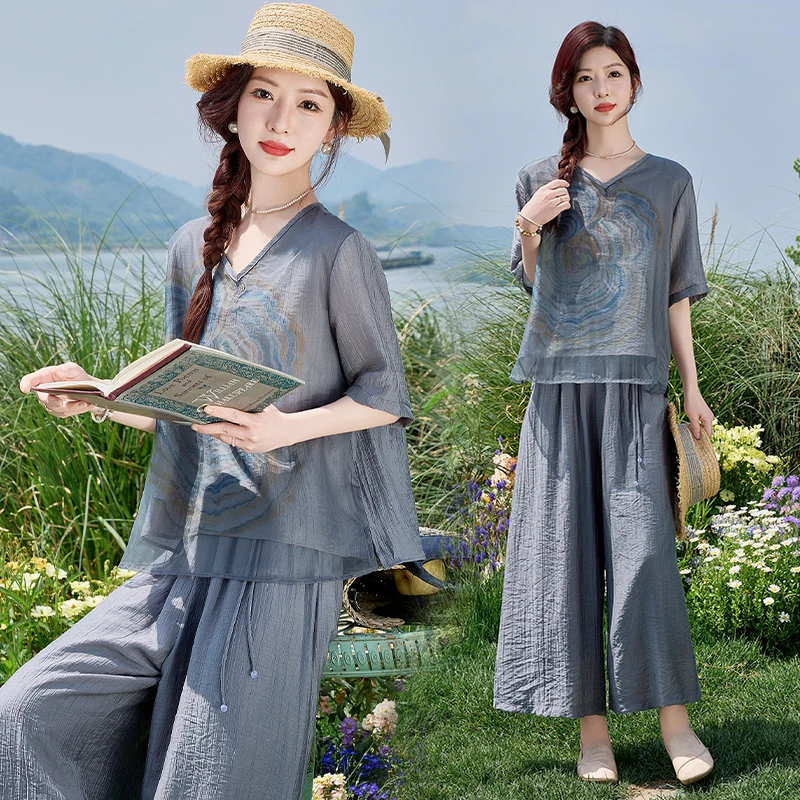 套装短袖显瘦时尚休闲夏季复古宽松中式2025中国风民族风两件套