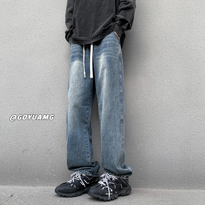 K9654美式复古牛仔裤春秋潮牌直筒休闲长裤子抽绳松紧腰男裤阔腿