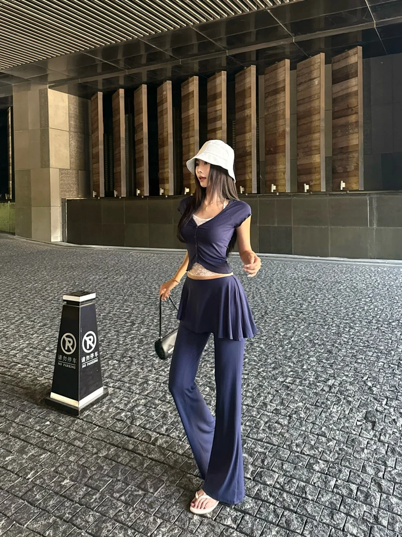 甜美修身拼接蕾丝短袖T恤假两件荷叶边显瘦喇叭裤套装#7316夏季
