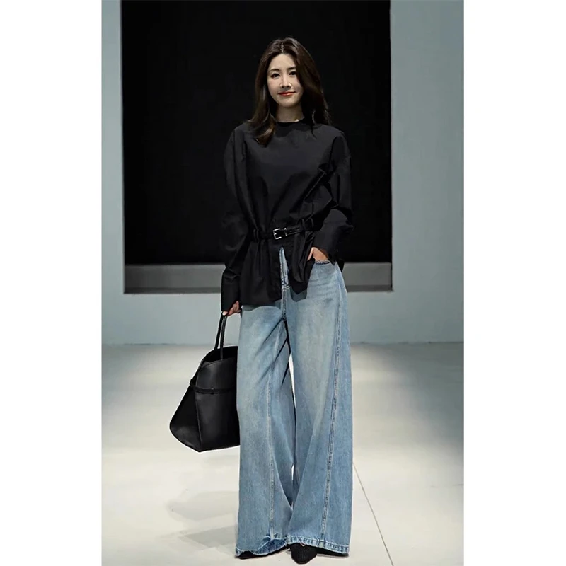 一整套ootd穿搭黑色衬衫牛仔裤两件套装女春装2025新款爆款高级感