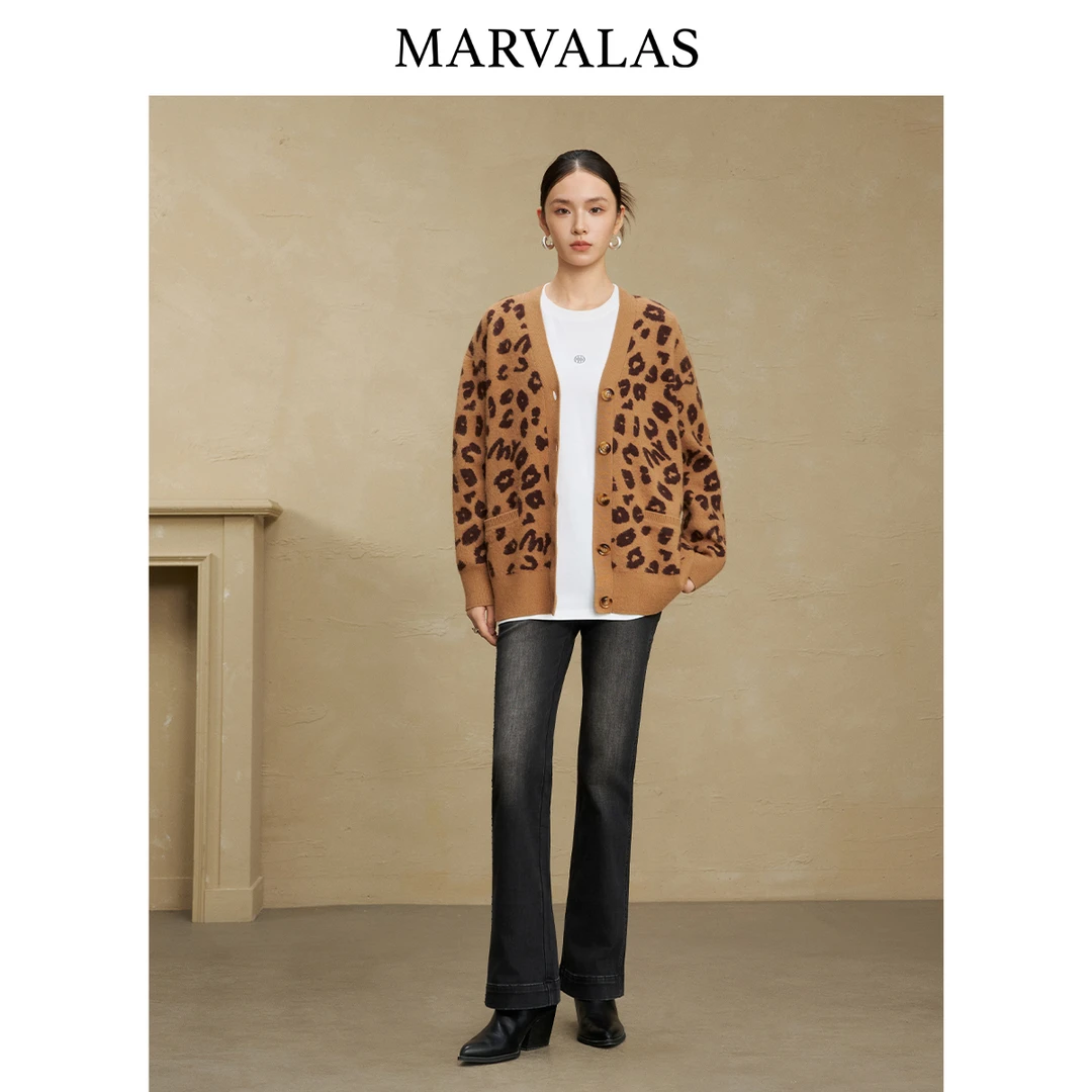 曼德诗豹纹针织衫冬季新款兔毛混纺上衣时尚V领宽松显瘦开衫