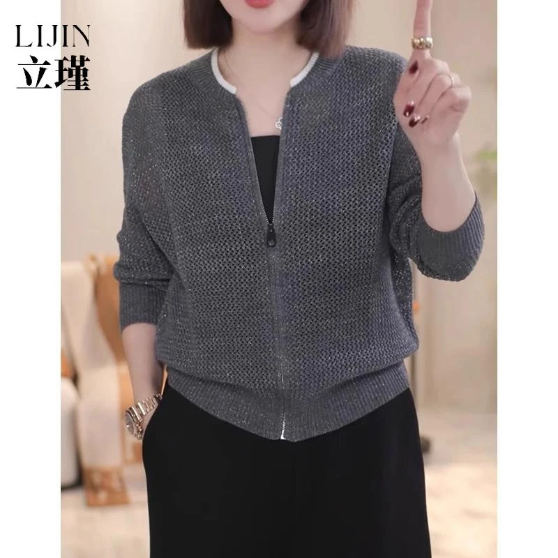 设计感独特亮丝镂空圆领针织衫时尚拉链宽松慵懒长秋冬正肩内搭