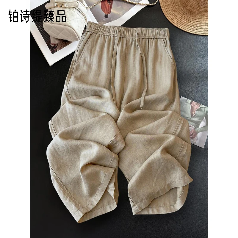 卡其色亚麻阔腿裤女夏2025新款夏日轻薄神仙裤显瘦棉麻九分直筒裤