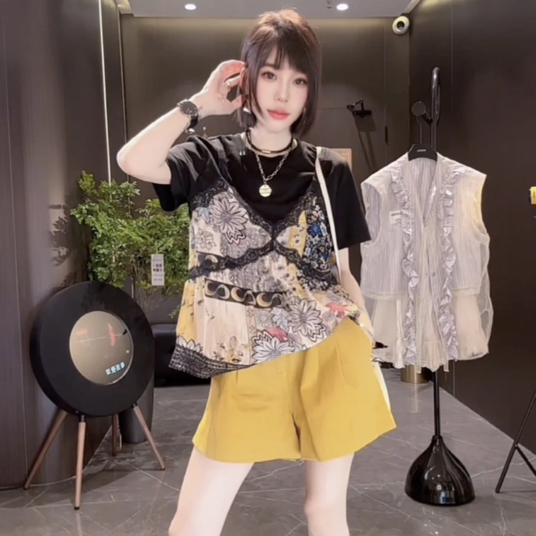 MMD时尚套装女新款假两件蕾丝撞色短袖t恤短裤两件套56151-56163