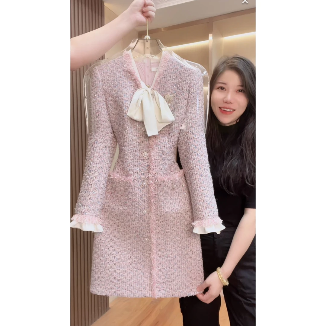 【门店飞】2414囯内设计师品牌女装气质收腰长袖连衣裙