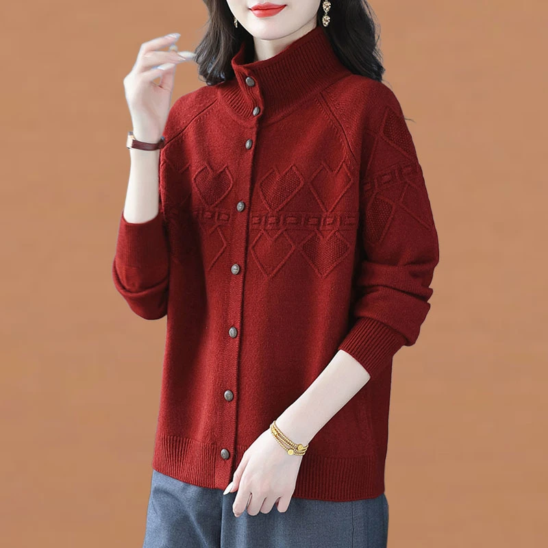 翻领针织开衫女2025春秋新款大码妈妈外搭上衣宽松长袖毛衣外套厚