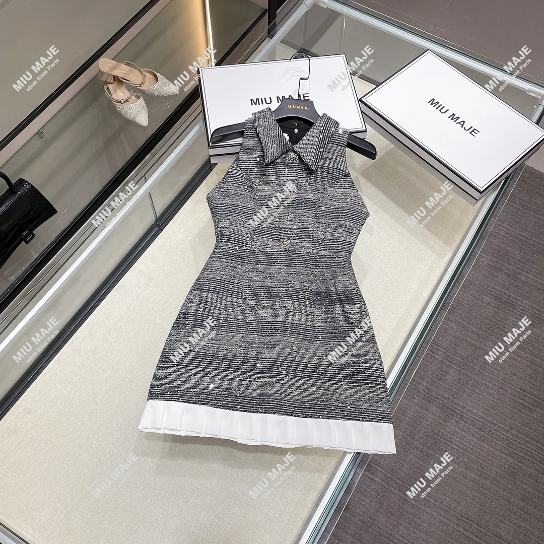 现货法式千金小香风亮片无袖连衣裙女背心裙收腰裙DY4279