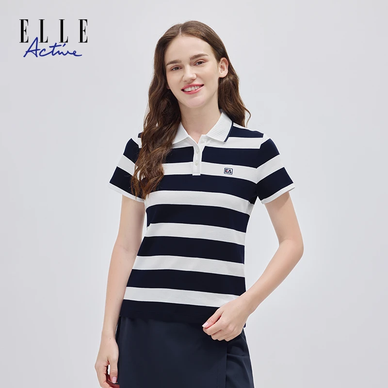 ELLE Active航海系纯棉条纹polo衫女款短袖翻领休闲运动夏季上衣