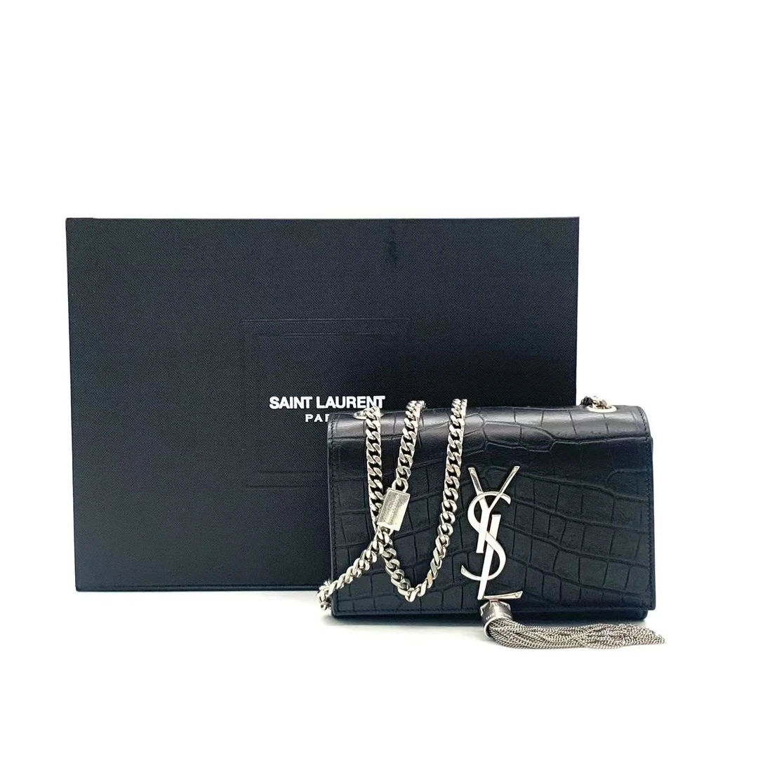 99新 YSL/圣罗兰 雾面黑银鳄压迷你流苏链条包/