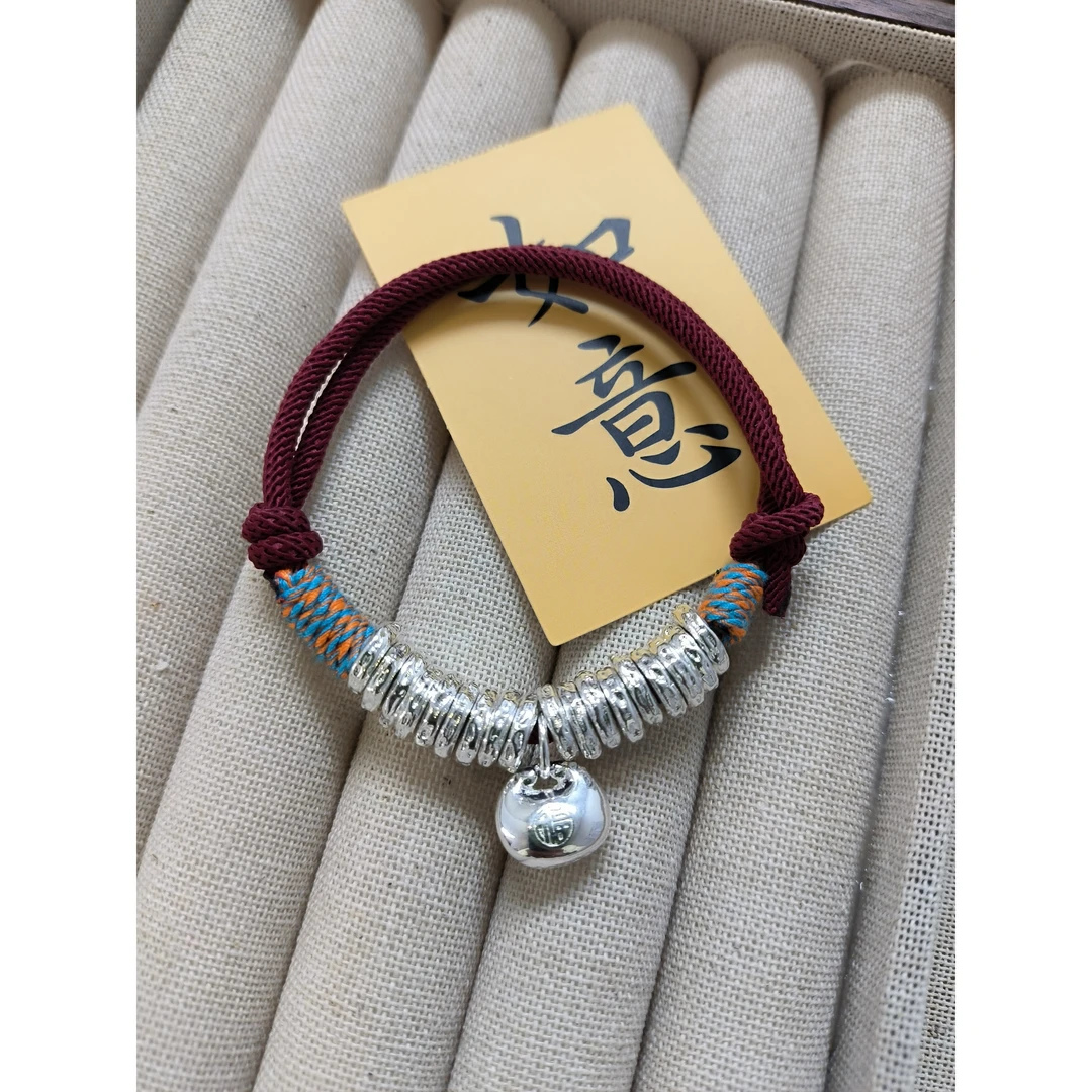 足银手链 平安小福袋 本命年手绳手工编绳可爱情侣可调节红色