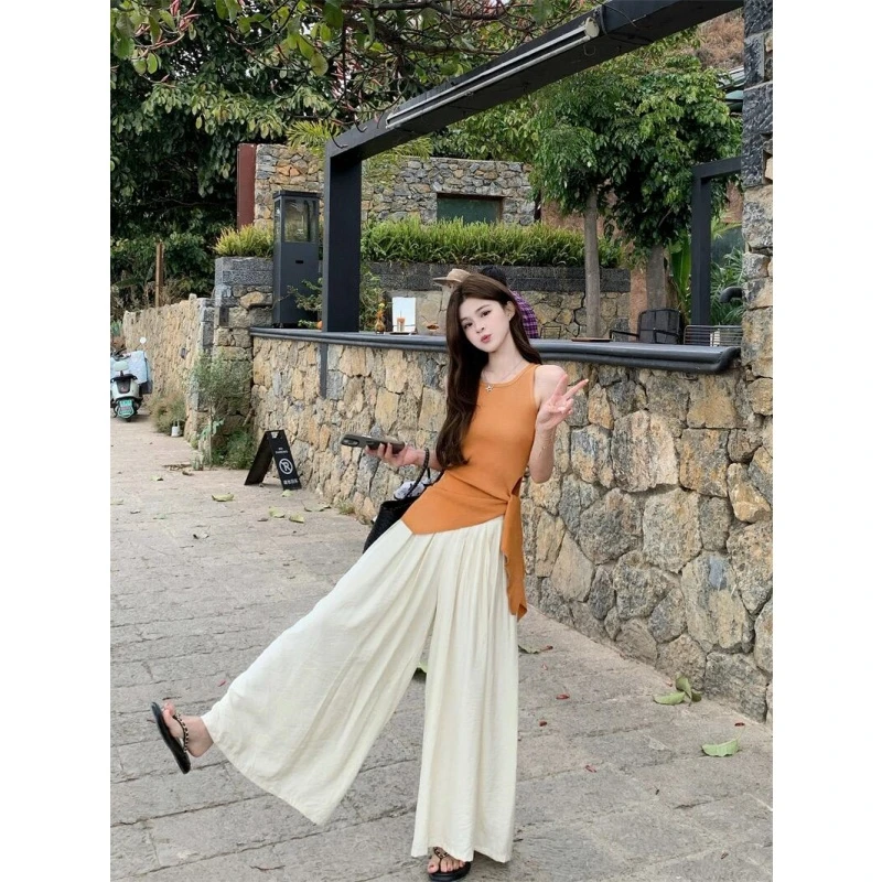 MARIE.COCO慵懒风绑带针织无袖背心女夏季直筒垂感阔腿裤时尚套装