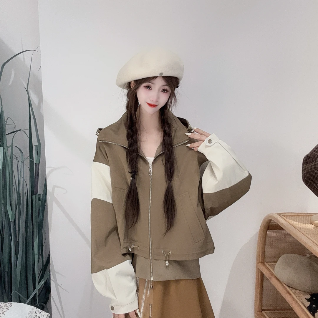 EA40013011工装风冲锋衣设计感撞色设计款连帽宽松休闲感百搭风衣