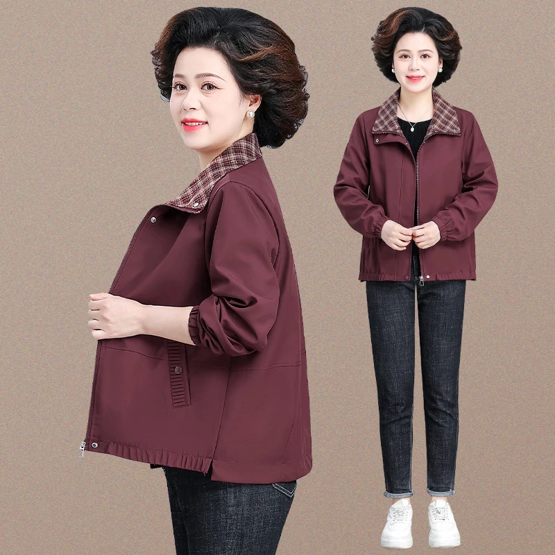 50多岁妈妈春装翻领外套时尚中老年女春秋款夹克新款中年大码上衣