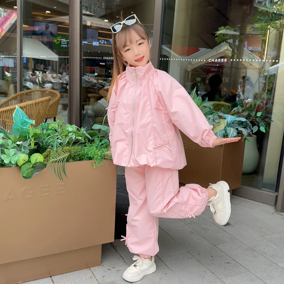 女童秋季休闲蝴蝶结卡绳运动套装粉色两件套拉链上衣气质穿搭范