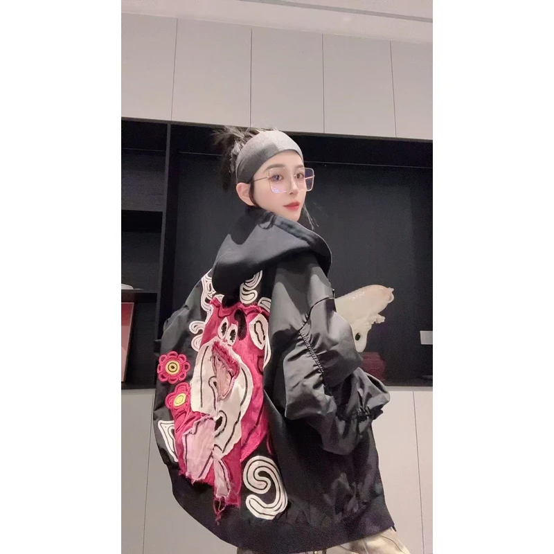 欧货原创潮牌【mx81353】宽松休闲卡通草莓熊连帽卫衣外套女上衣