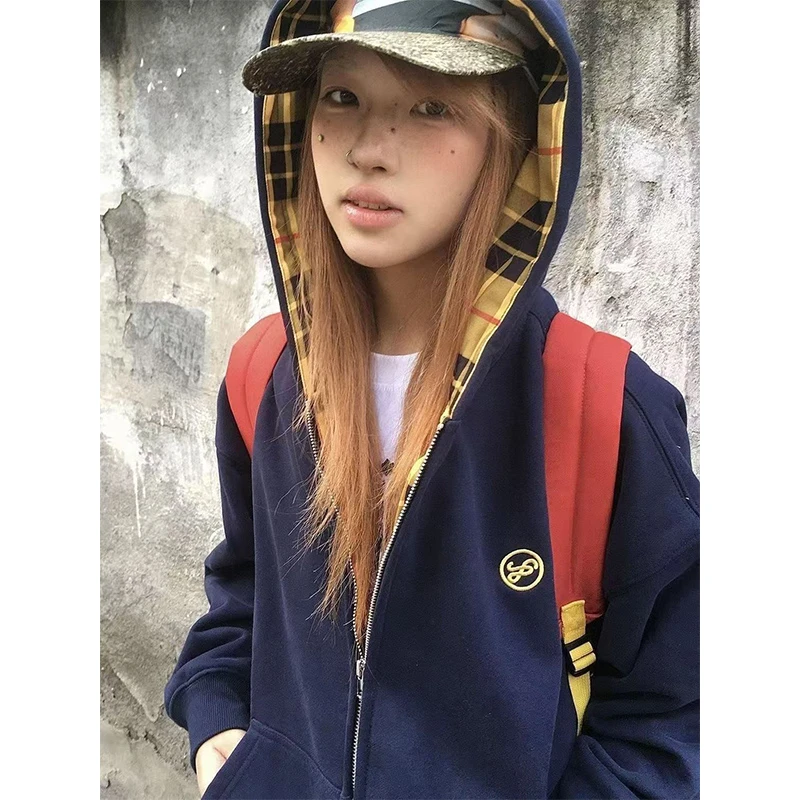 潮牌拼接撞色格纹连帽卫衣外套女秋季穿搭新款开衫宽松上衣#WY222