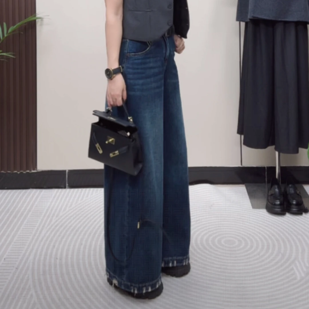【高品质】正版早秋显瘦百搭高腰阔腿宽松直筒拖地牛仔长裤