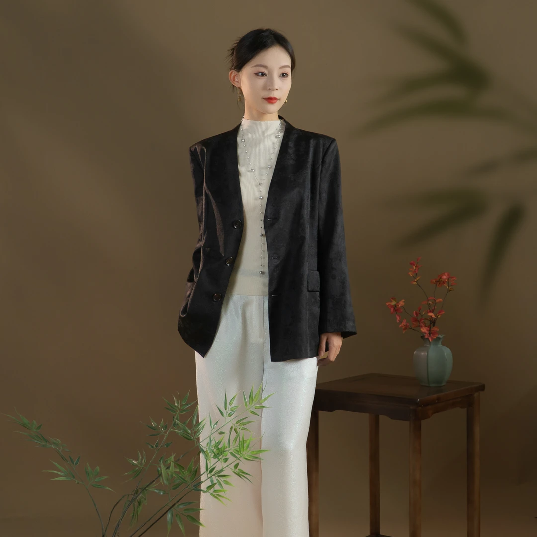 芬领-墨砚-桑蚕丝香云纱提花长袖无领西装外套百搭气质WT40-WT42