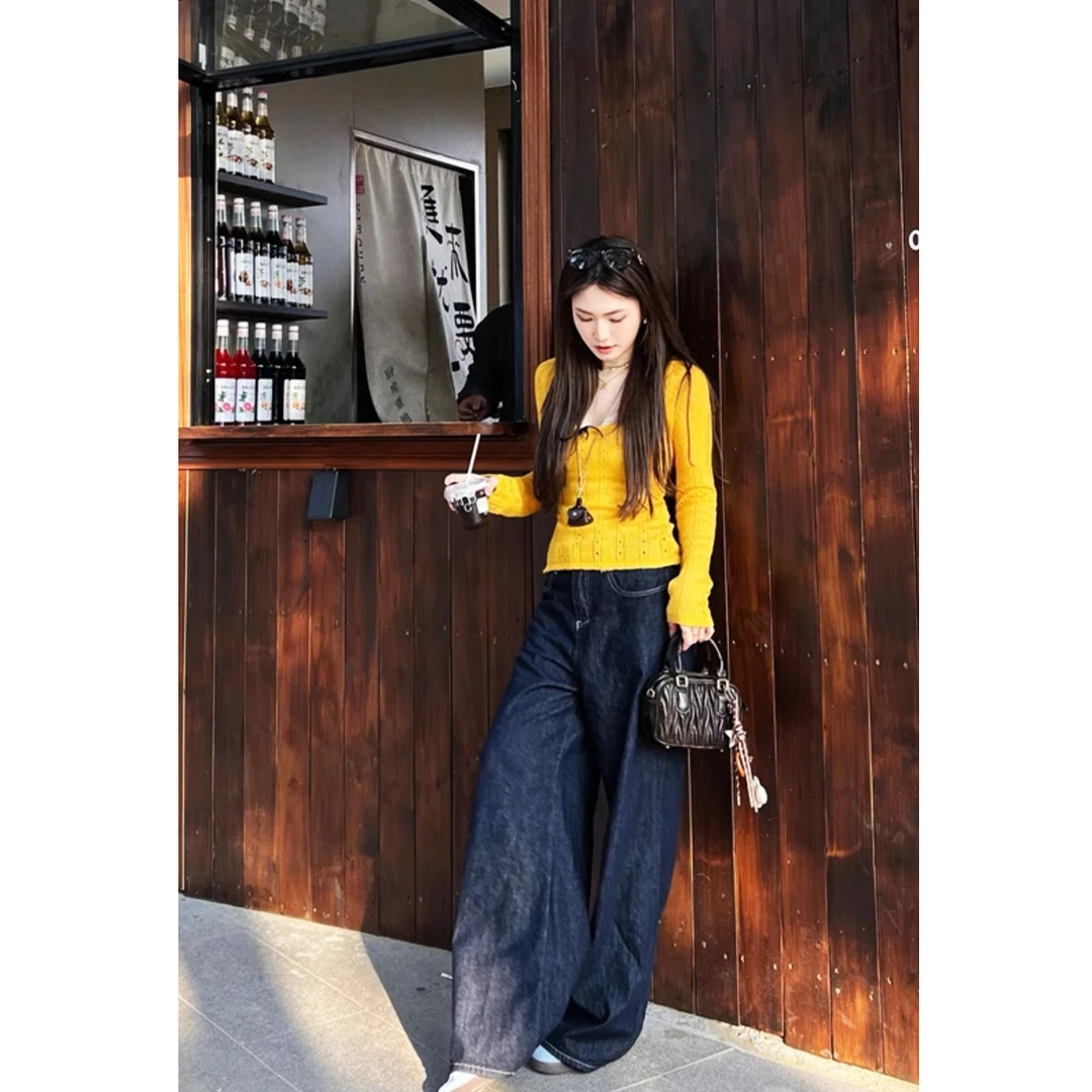 美式原牛ins风阔腿牛仔裤女百搭极简风老钱风蓝灰色加绒加厚牛仔