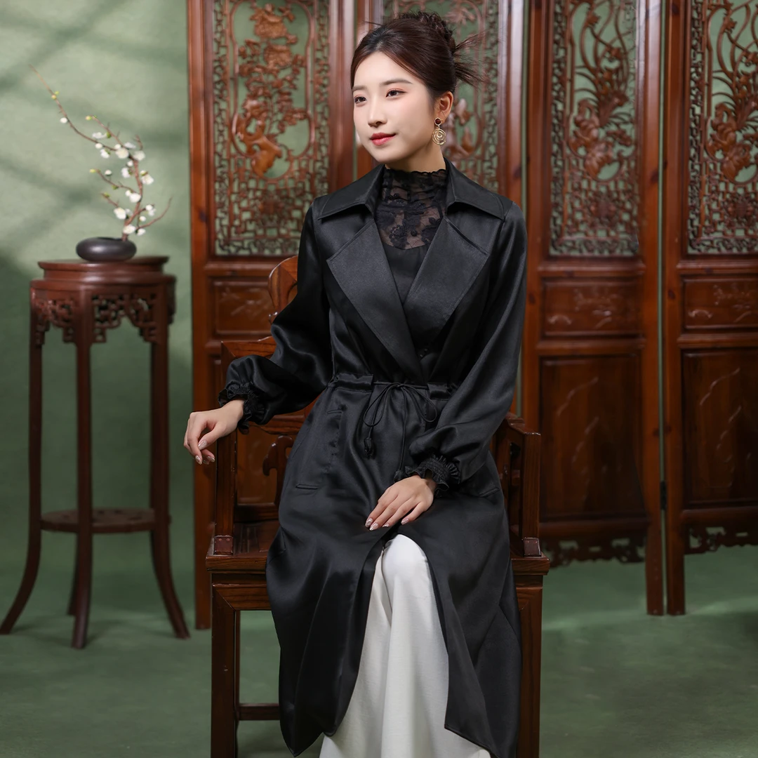 （崔万志国风）100桑蚕丝   素绉缎香云纱真丝翻领复古风衣  WZ6436
