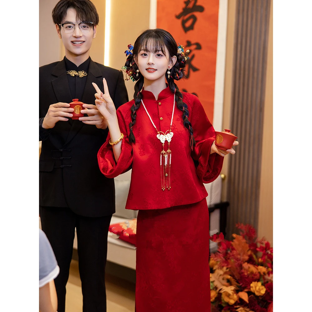红色新中式敬酒服旗袍2025国风新款高端新娘订婚礼服回门长袖套装