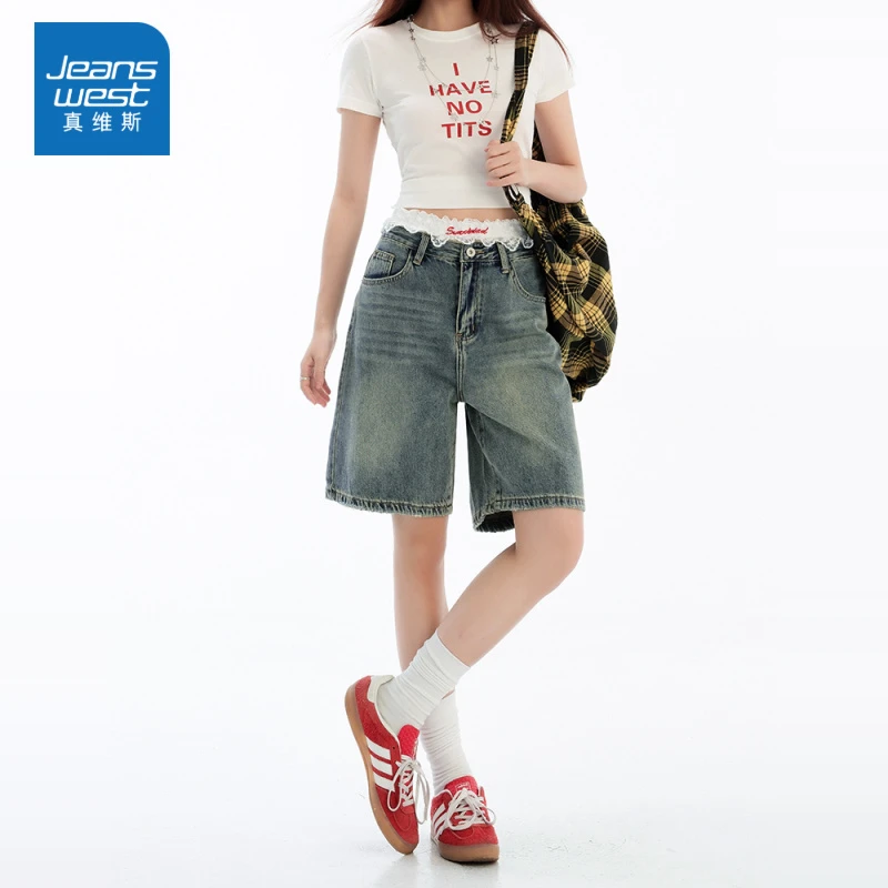 真维斯五分牛仔短裤女夏季2025新款小个子高腰宽松显瘦直筒中裤子