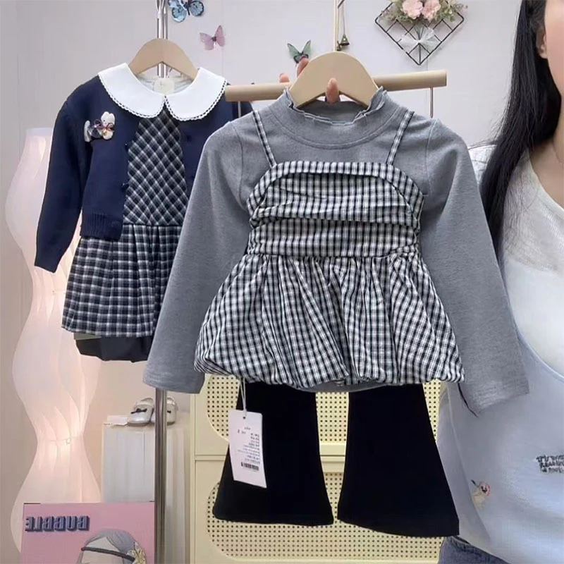 女童早秋穿搭一整套格子花苞吊带裙打底衫黑色微喇直筒裤三件套