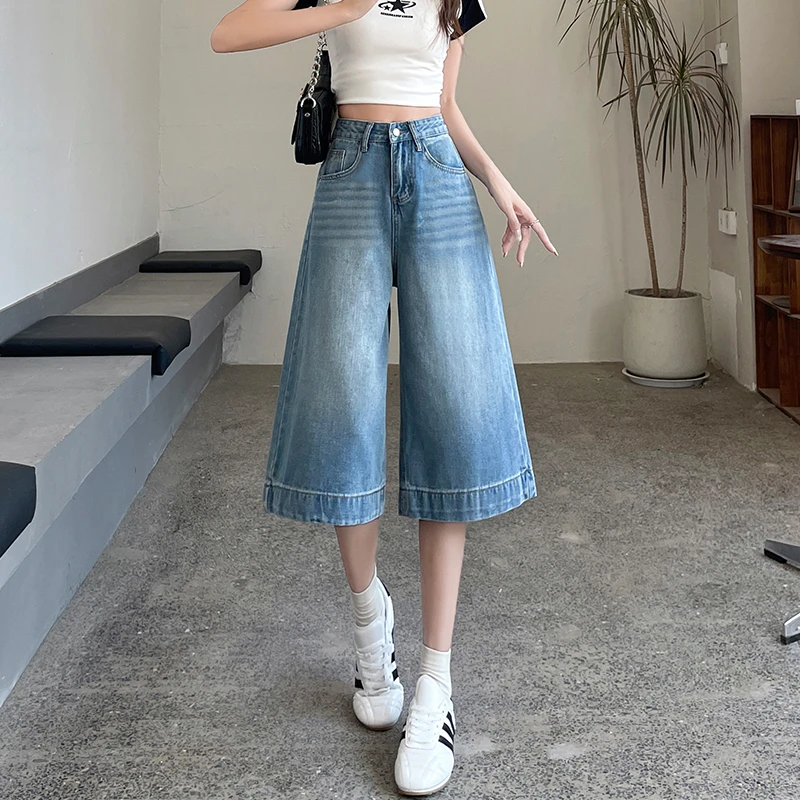 浅蓝色宽松阔腿七分牛仔裤女士2025夏季薄款小个子a字7分奶奶裤子