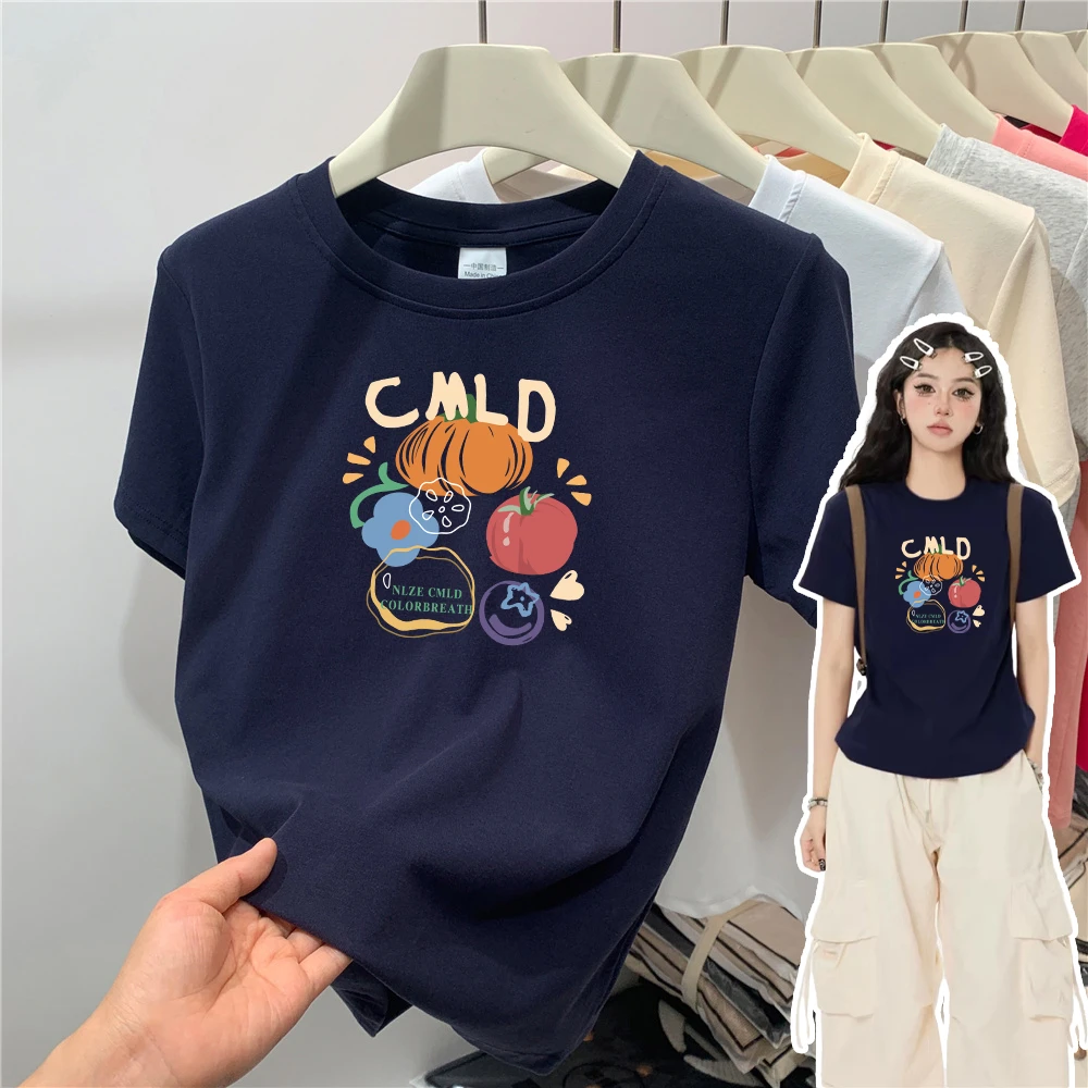 正肩显瘦显白短袖T恤女装设计感打底纯棉百搭卡通印花ins圆领上衣